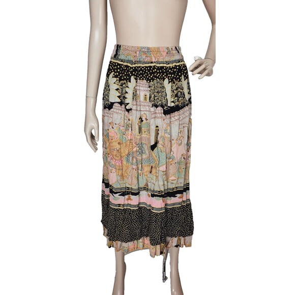 Vintage 80s Elephants People India City Life Tiered Mixed Media Broomstick Skirt - Picture 3 of 14